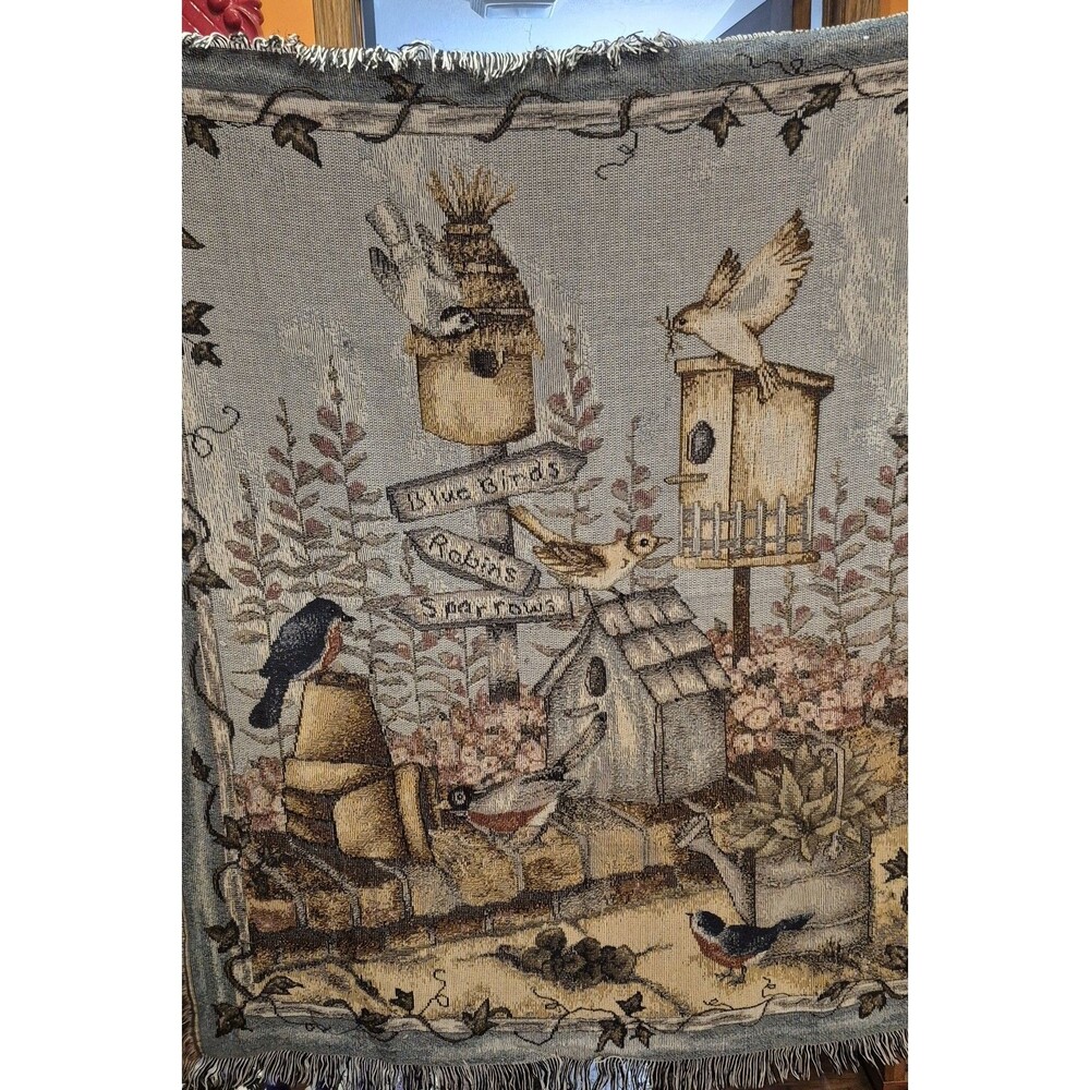 Birdhouse Tapestry Throw Blanket Afghan Bluebird Robin Sparrow 47x56 Giftable